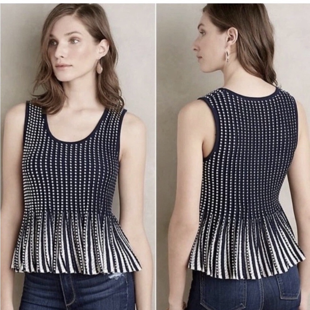 Anthropologie Moth Ostinato Peplum Sleeveless Knit Sweater Tank XS Navy White